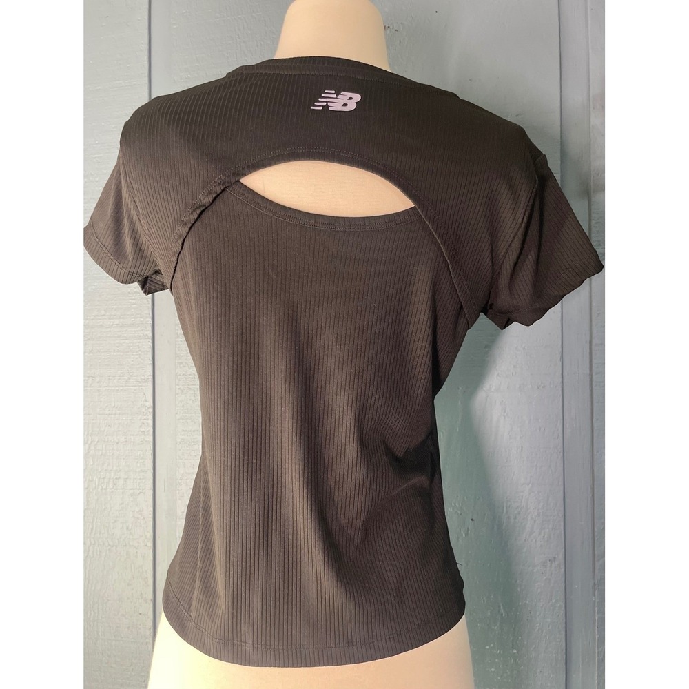 New Balance Women's Black Ribbed Cutout Back Athletic T Shirt Top Size L
